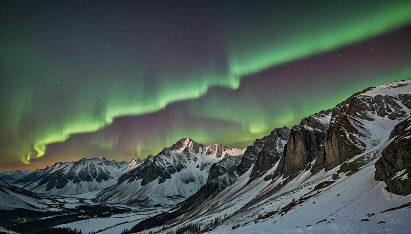 Hyperrealistic Aurora Borealis Over Snowy Mountains