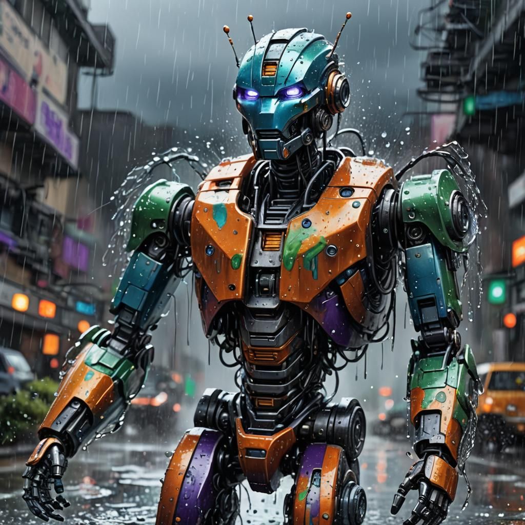 Hyper-Realistic Robot in Rain, Digital Painting