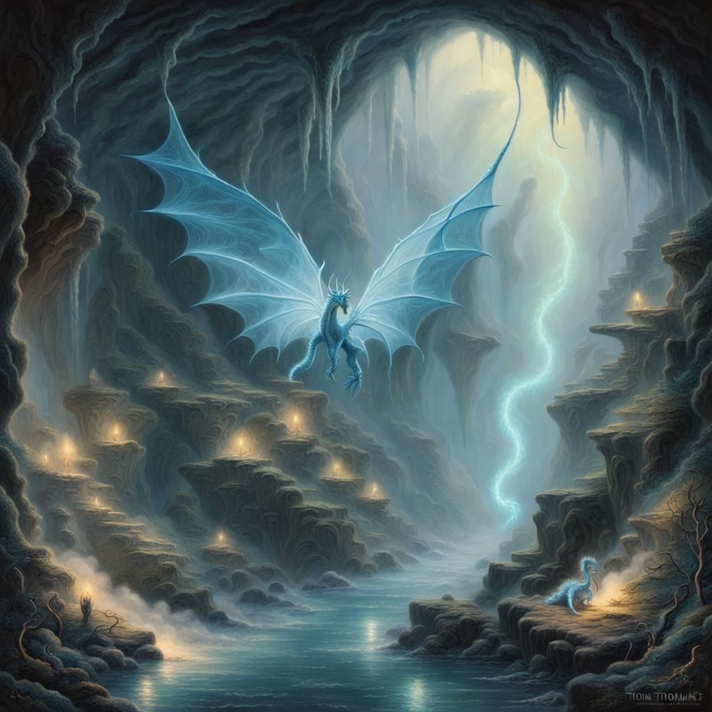 Bioluminescent Dragon in Misty Cave, Ethereal Fantasy