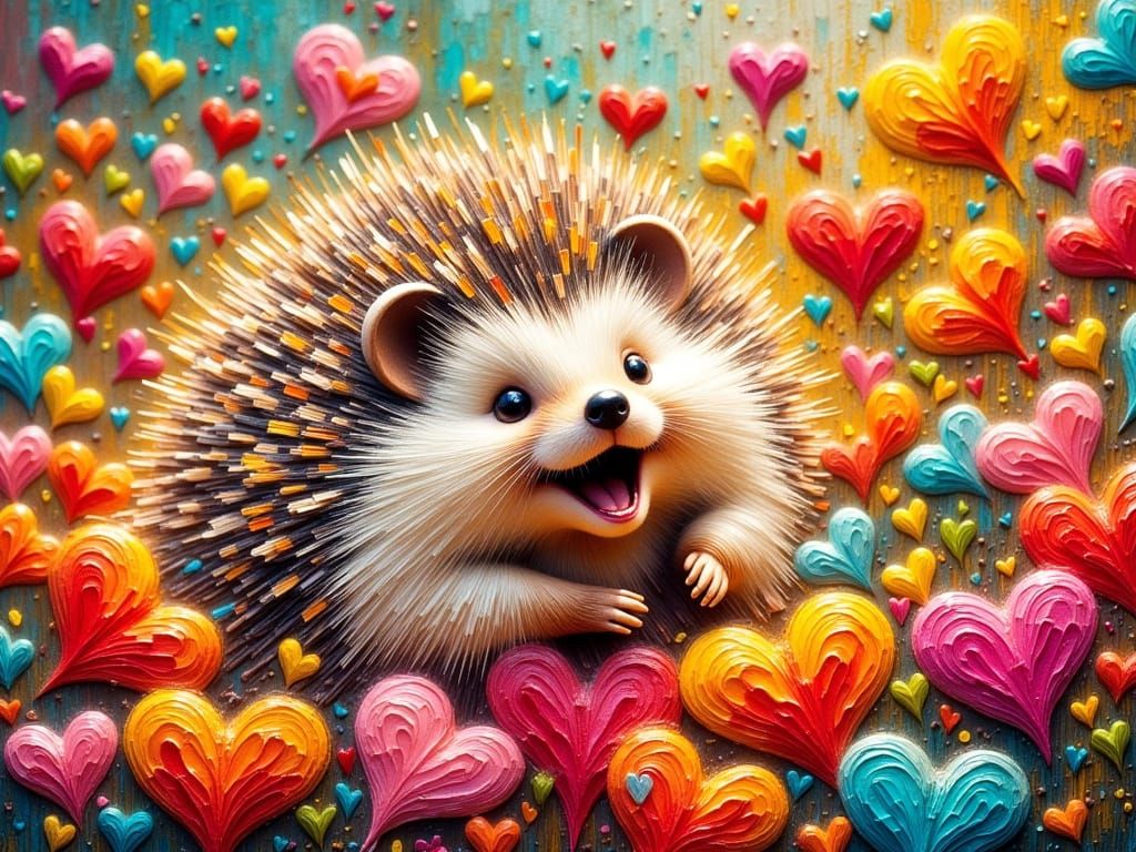 Joyful Hedgehog Tumbles in Textured Impasto Hearts