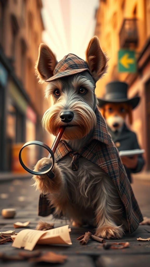 Sherlock Schnauzer dog, in a Sherlock Holmes Hat & Plaid Cape, & Hound Dog Watson.