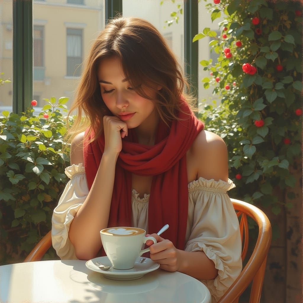 Cafe Girl in Pastel Noir Style with Sfumato