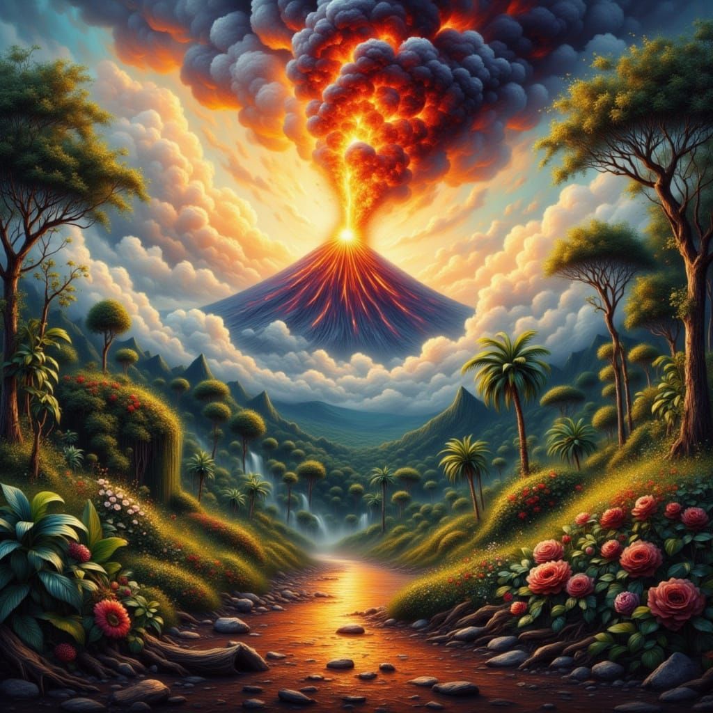 Volcano Erupts in Jungle as Impasto Painting