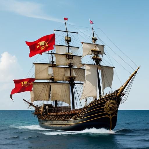 Pirate Ship Sailing with Pirate Flags