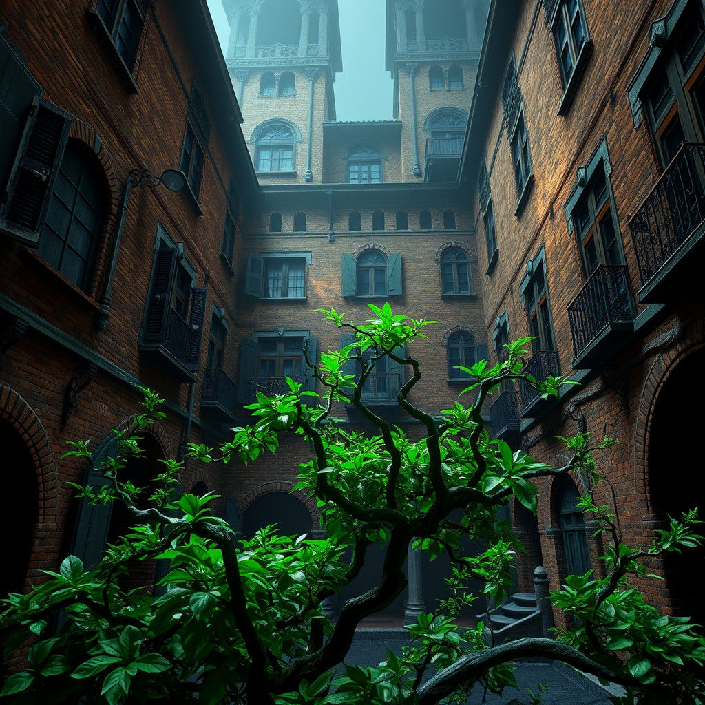 Mystical Gothic Courtyard with Ancient Buildings