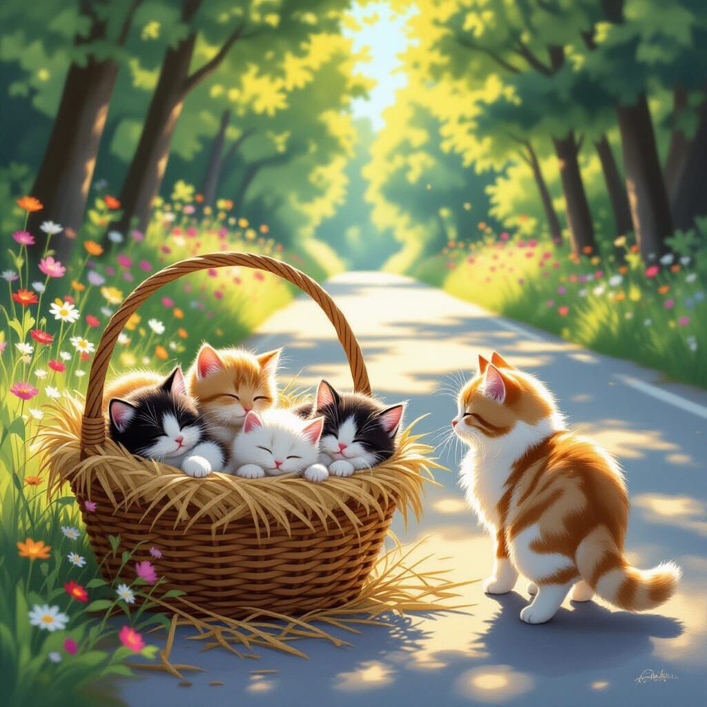 Sleeping Kittens in Basket by Country Road