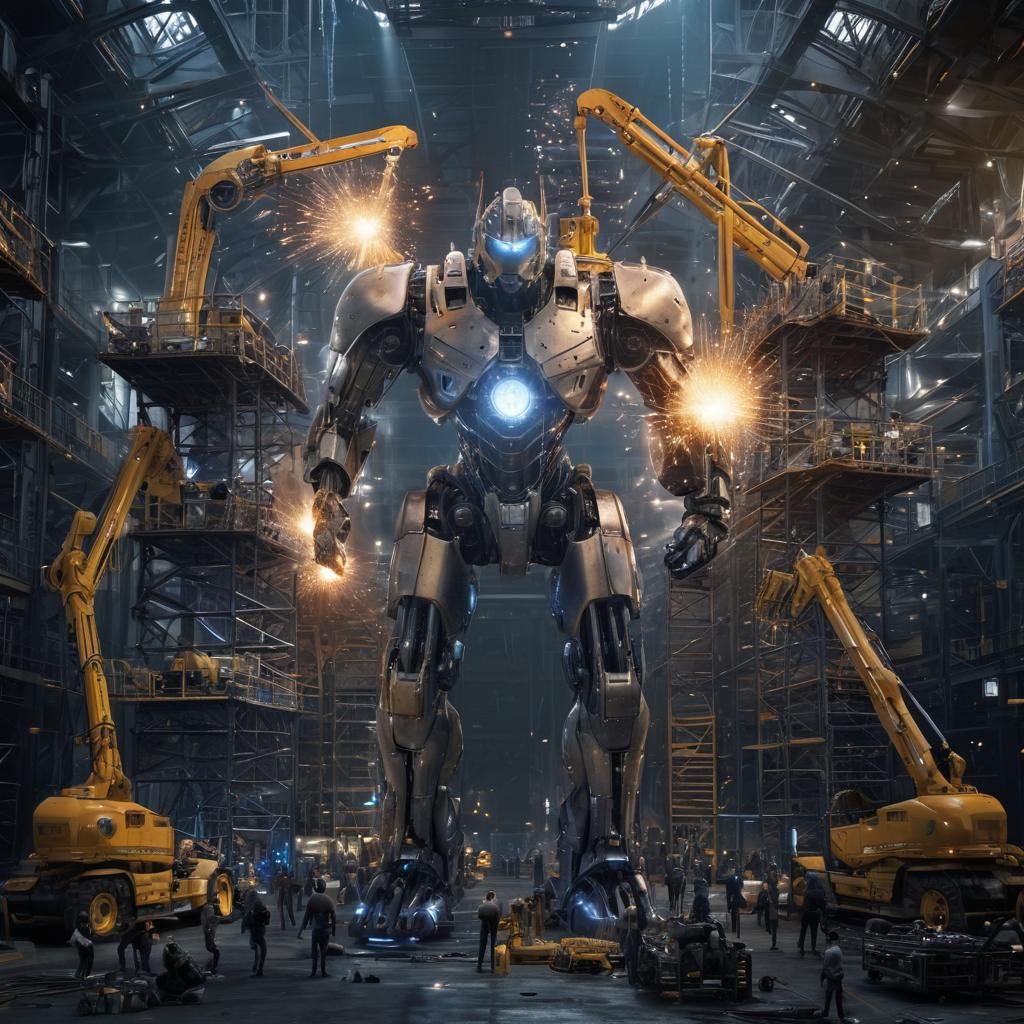 Cybernetic Mech Assembly in Biopunk Warehouse