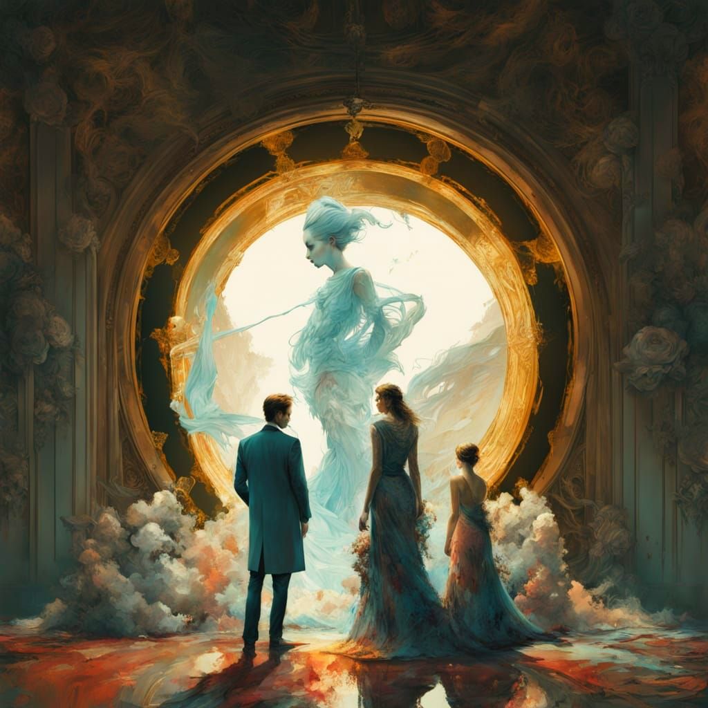 Elegant Figures Gaze into the Starry Cosmos in Opulent Luxur...