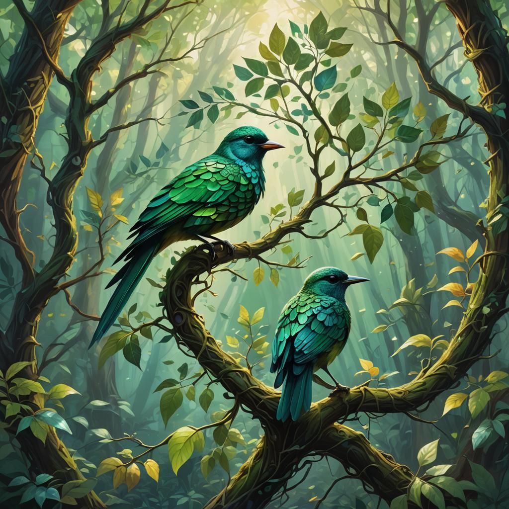 Leaf Bird in Mystical Forest: Fantasy Concept Art
