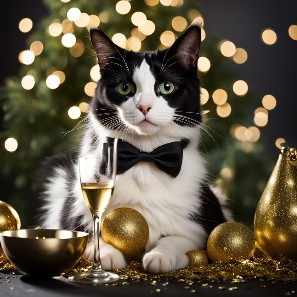 Tuxedo Cat Celebrates New Year's Eve