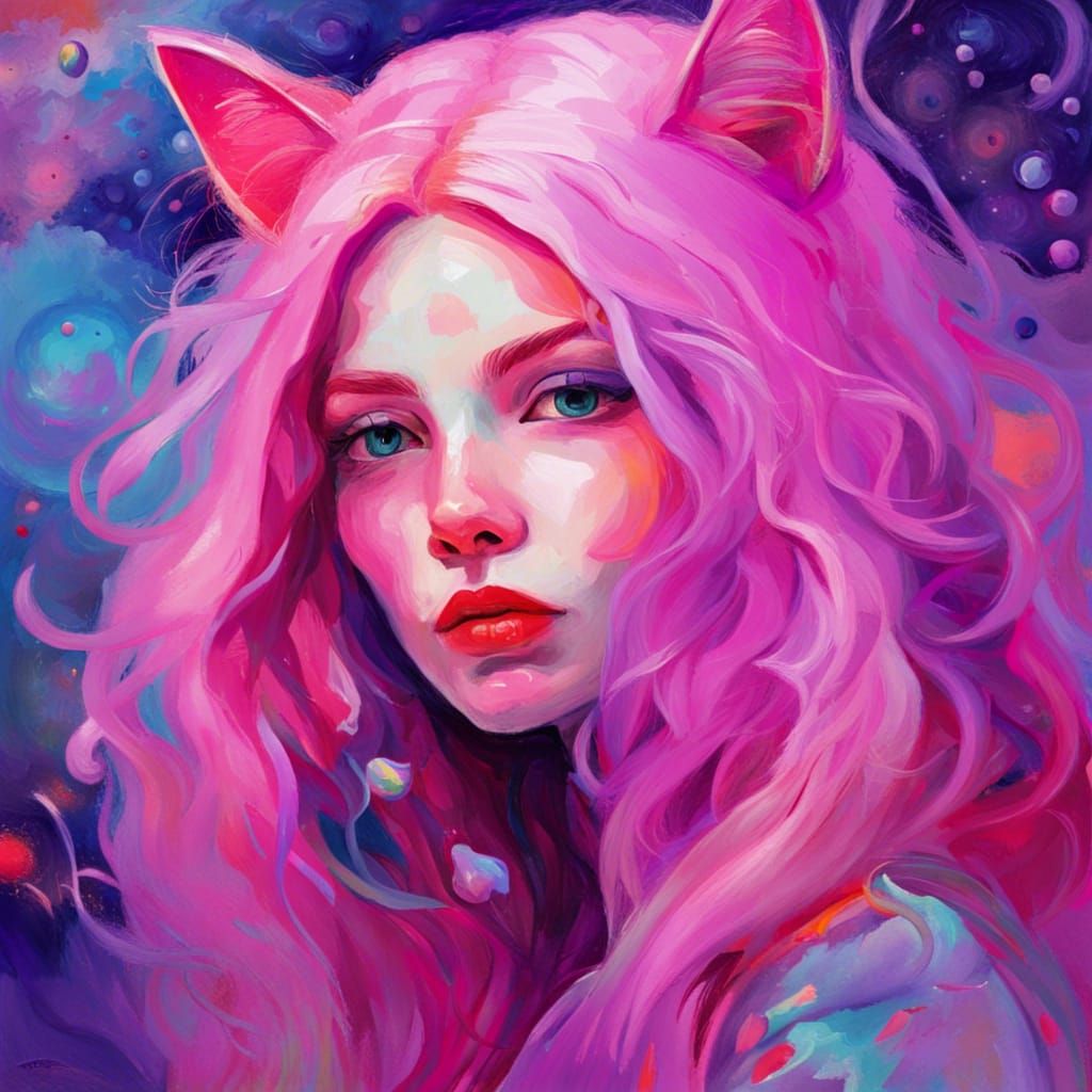 Cosmic Girl and Cat: Impressionist Portrait