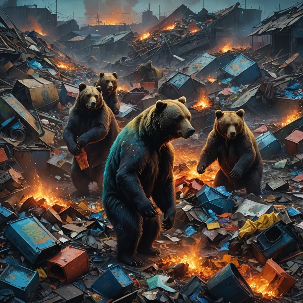 Grolar Bears Scavenging in a Dark Fantasy Garbage Dump