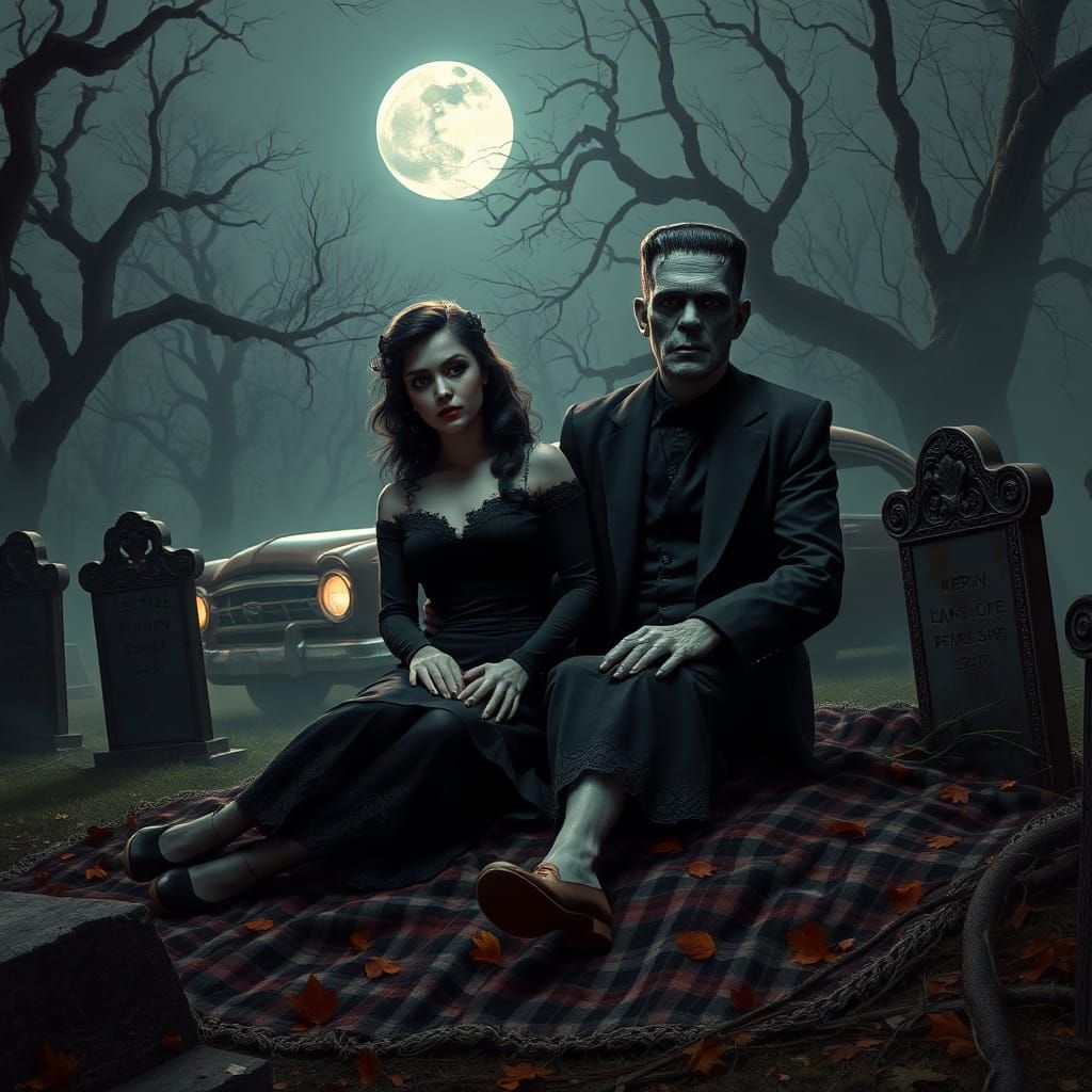 Gothic Pin-Up and Frankenstein Picnic in Cemetery