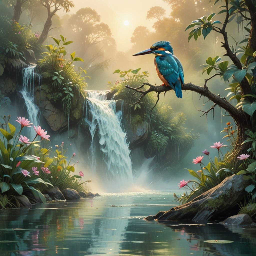 Serene Kingfisher in Dreamy Waterfall Landscape