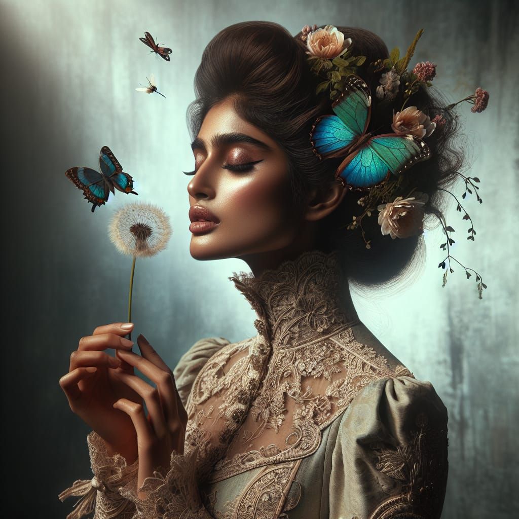 Ethereal South Asian Woman with Butterfly and Dandelion