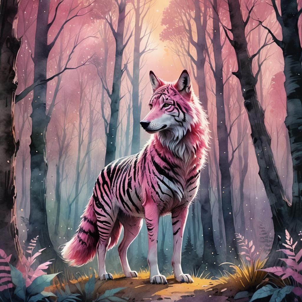 Pink Striped Wolf in Mystical Forest, Watercolor Art