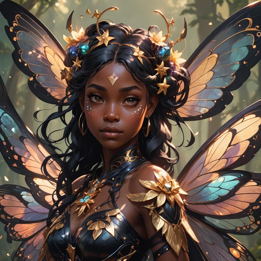 Detailed Portrait of Black Female Fae with Wings