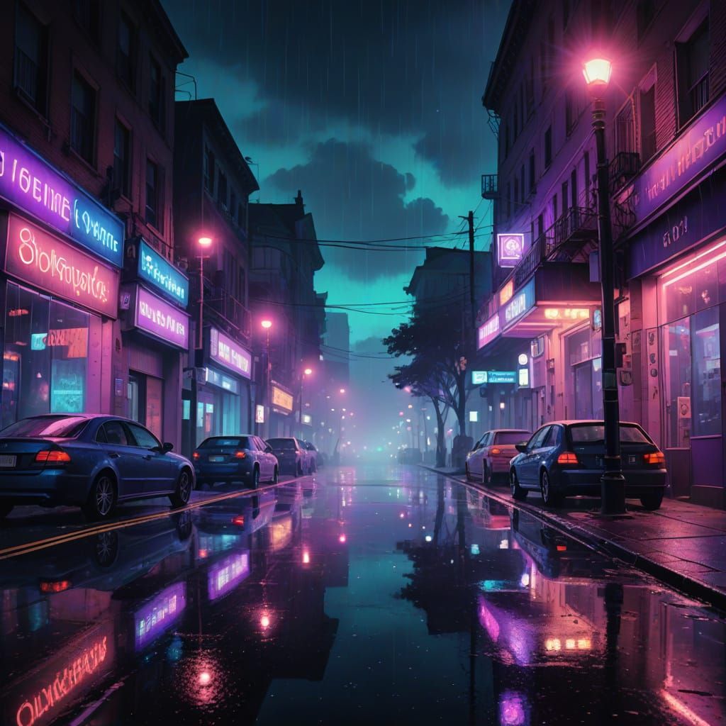 Vibrant Neon Seaside Boulevard at Night