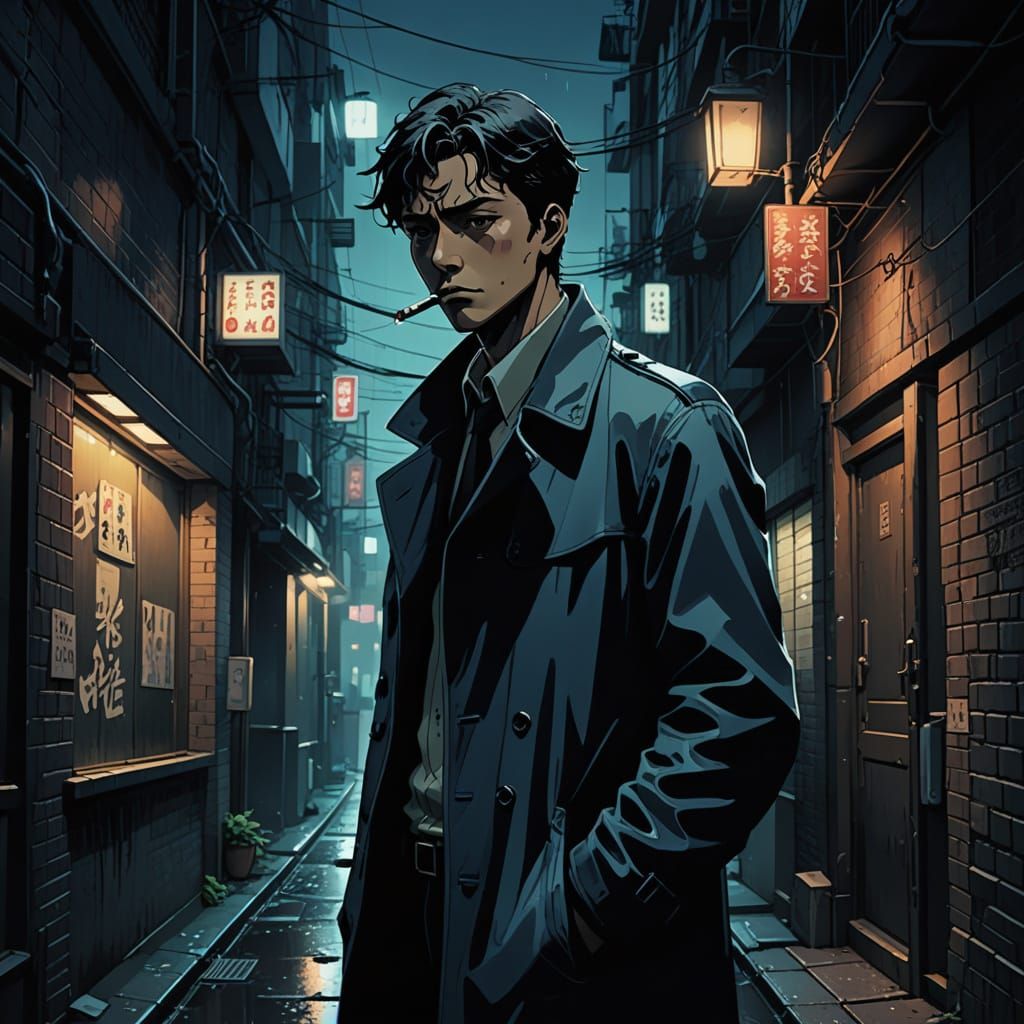 Film Noir Anime Detective in Rainy Alleyway