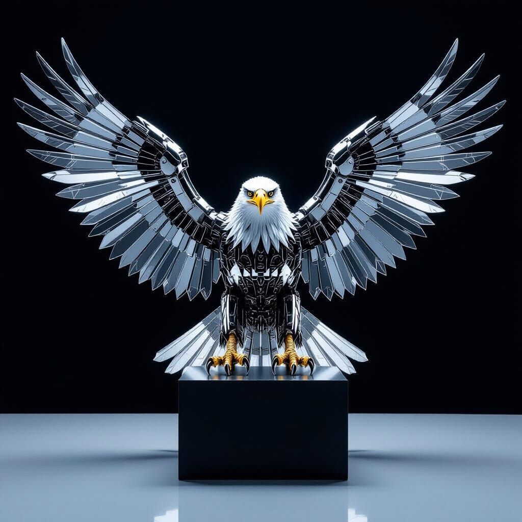 Polished Stainless Steel Mechanical Eagle on Black Backgroun...