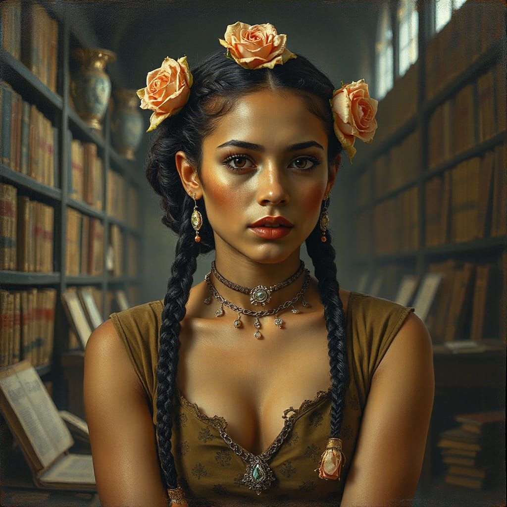 Cuban Latina Woman in Ancient Library, Impressionist Oil Pai...