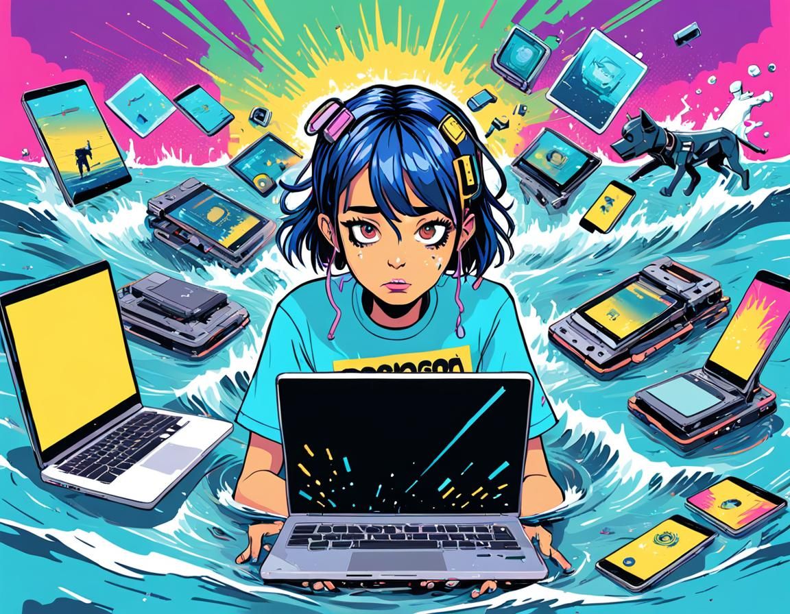 Pop Art Teen Drowning in Technology