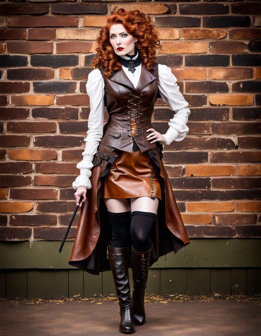 Steampunk Redhead in Leather Overcoat and Boots