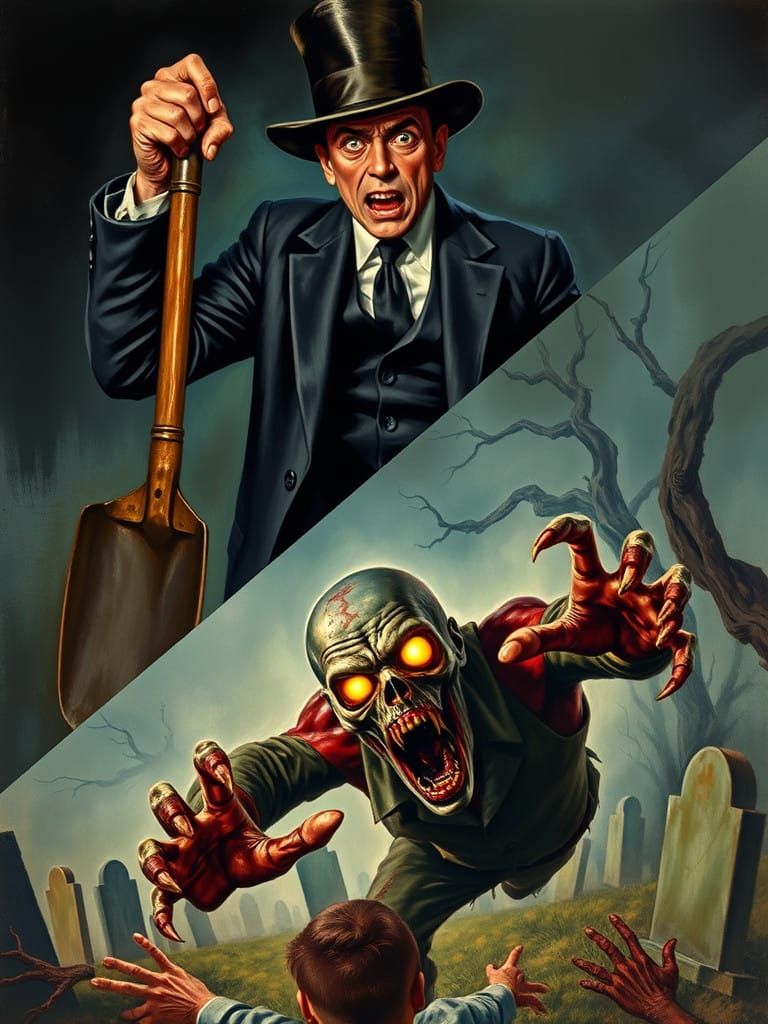 Frightened Undertaker vs Zombie in Dark, Misty Graveyard