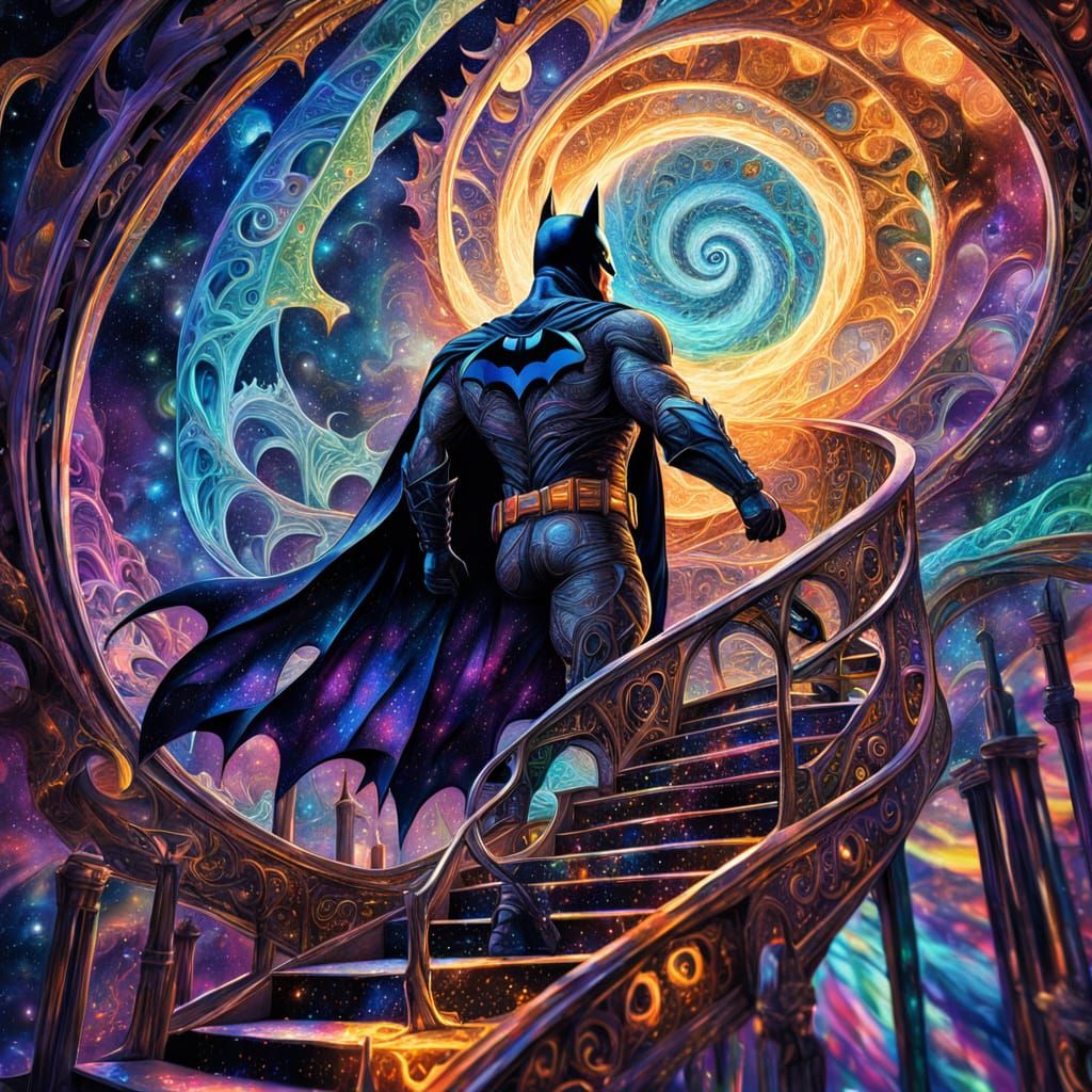 Batman on a Cosmic Spiral Staircase in Dreamlike Style