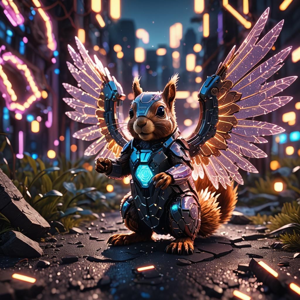 Winged Squirrel with Neon Lights and Mech Details