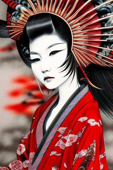 Elegant Geisha in Red Kimono: Ink Flow Art