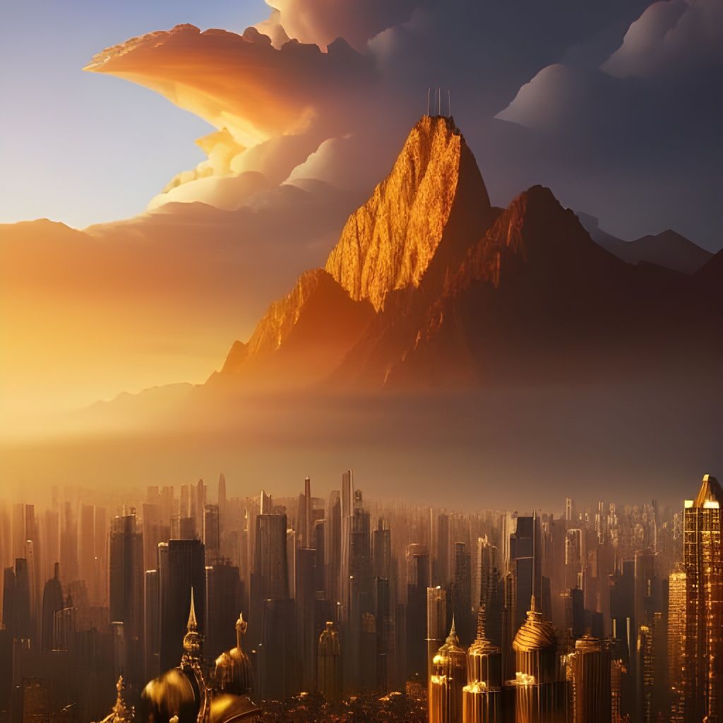 Golden City and Mountains: Hyperrealistic Movie Poster