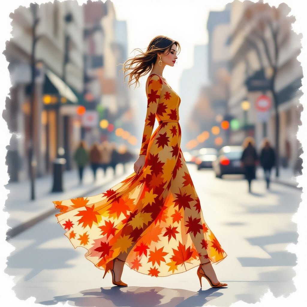 Autumn Dress Woman on Blurred City Street