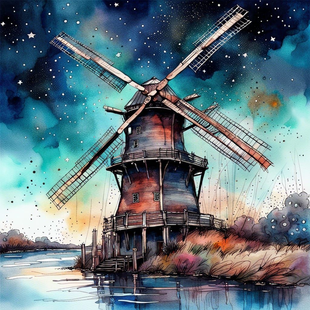 Magnificent Windmill Under Starry Sky, Watercolor Art