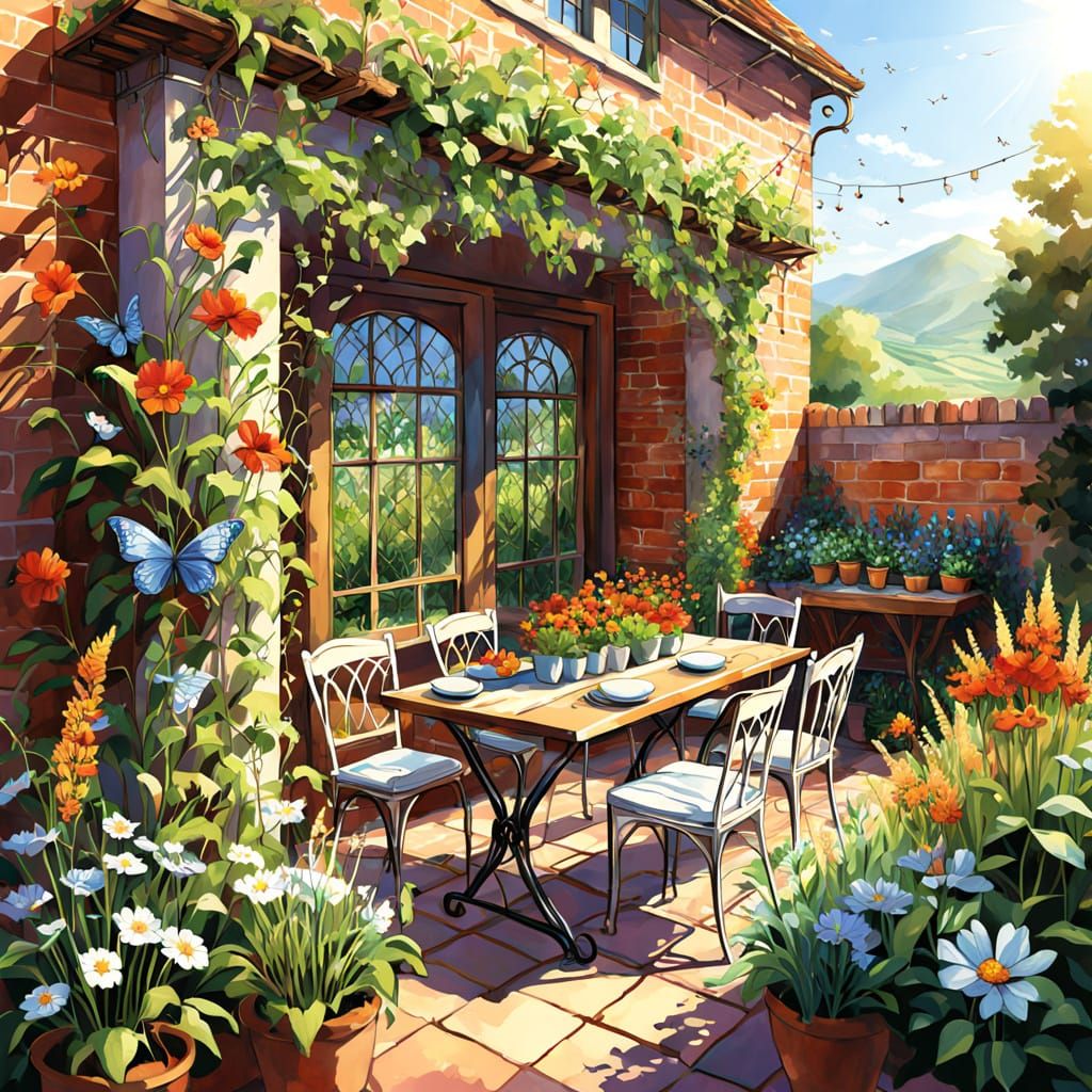 Flower Meadow Stone House: Digital Watercolor Art