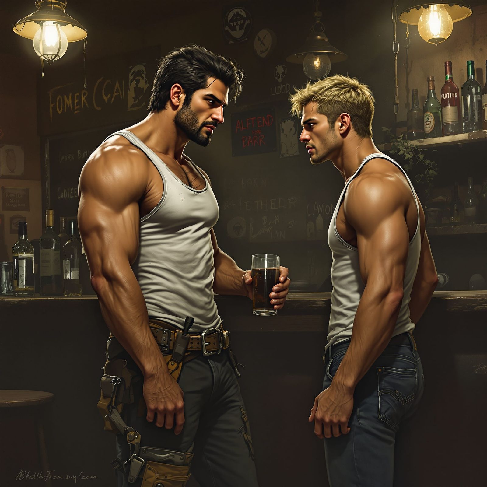 Hispanic Man and Apprentice at Seedy Bar