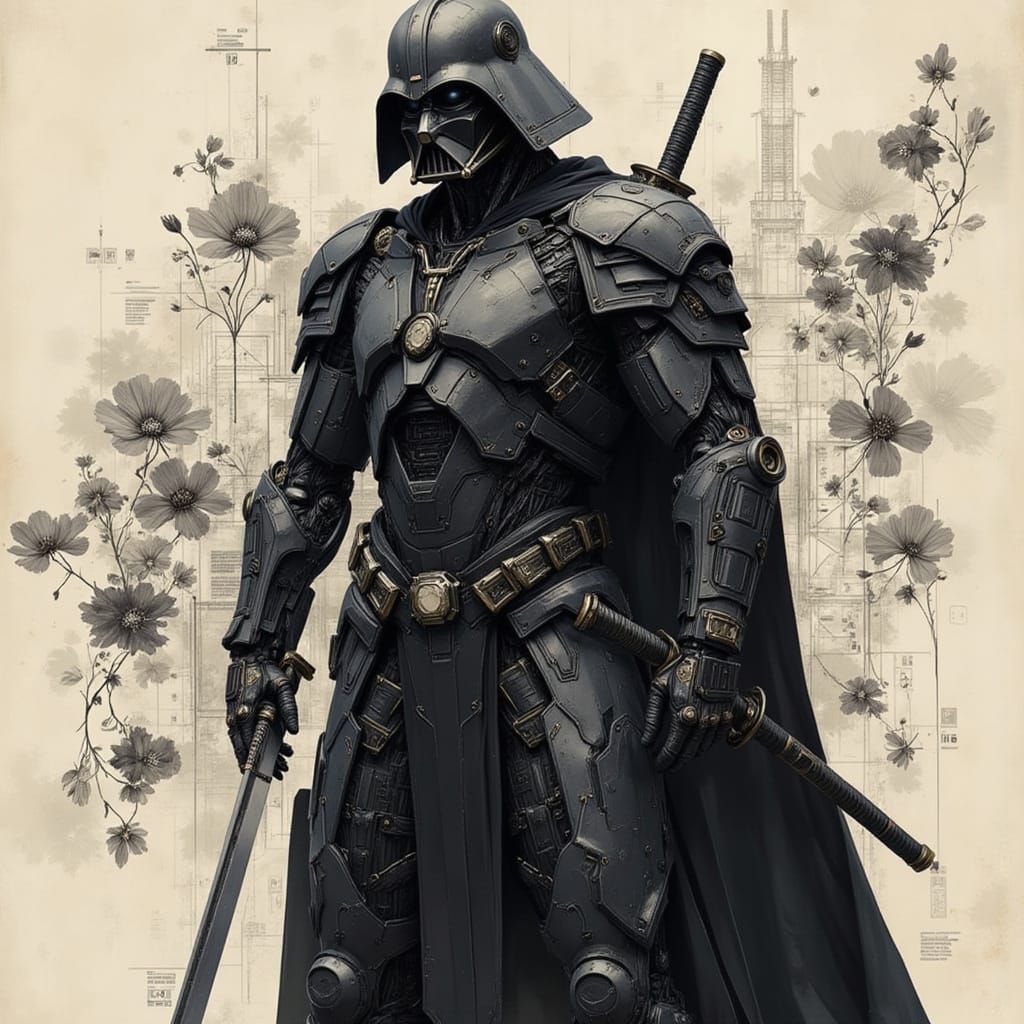 Samurai Darth Vader with Katanas in Modern Art Style