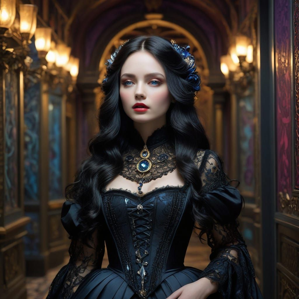 Ethereal Victorian Lady Walks a Mystical Corridor
