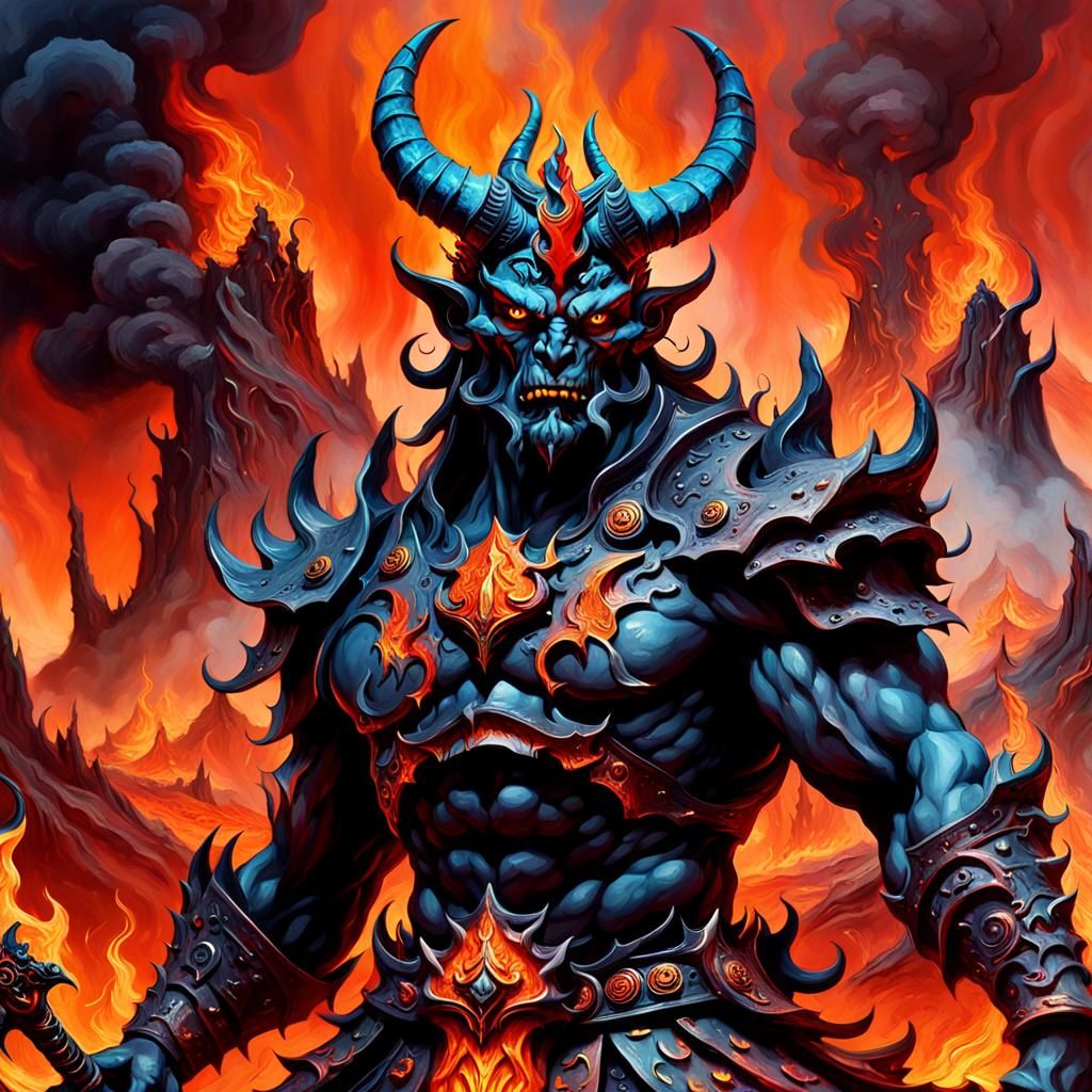 Regal Demon Warrior in Surrealist Oil Painting