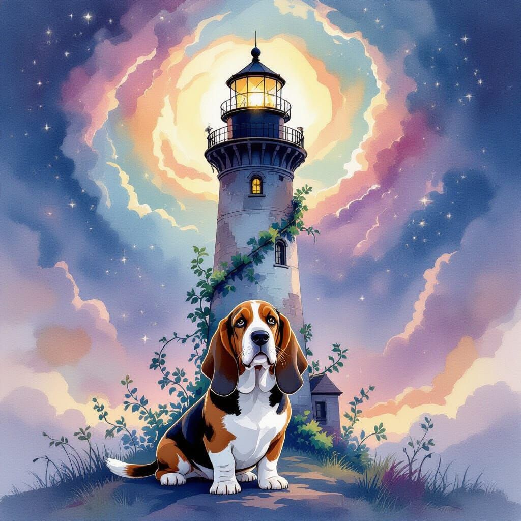 Basset Hound and Moonlit Lighthouse Under Nebula Sky