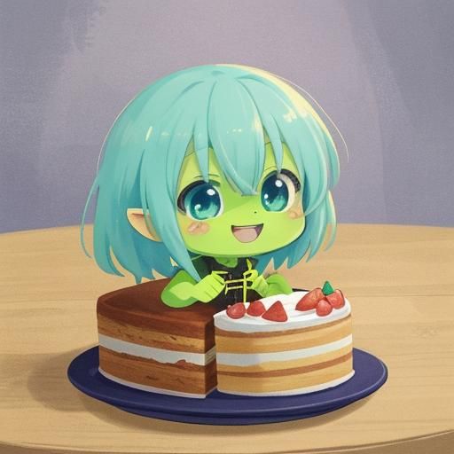 Chibi Goblin with Cake: Anime Illustration