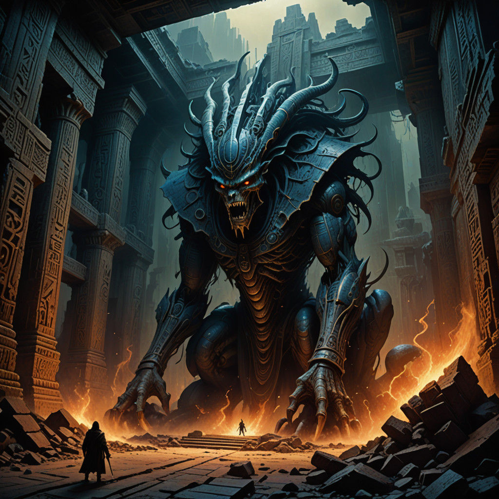 Dark Fantasy Egyptian Temple Destroyed by Elemental Chaos