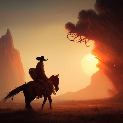 Sunset Cowboy Rancher in Dark Fantasy Style
