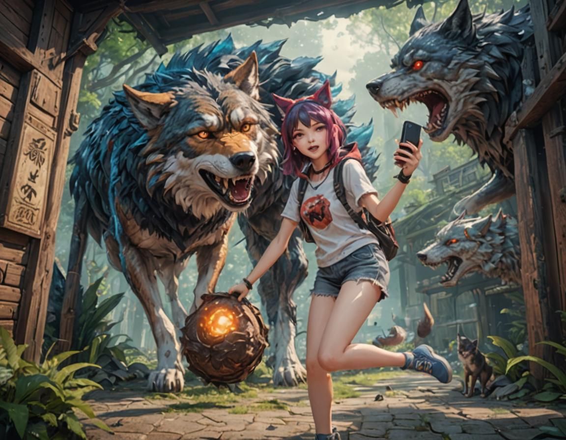 Anime Girl's Selfie with a Scary Wolf