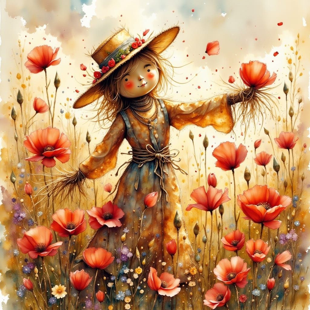 Elegant Scarecrow in Poppy Field, Watercolor Style