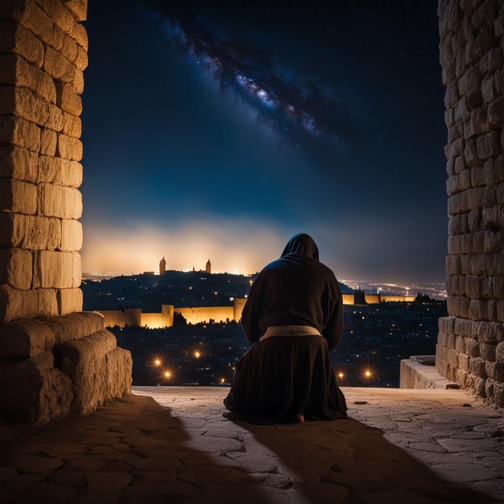 Man Contemplates Starry Sky Outside Jerusalem