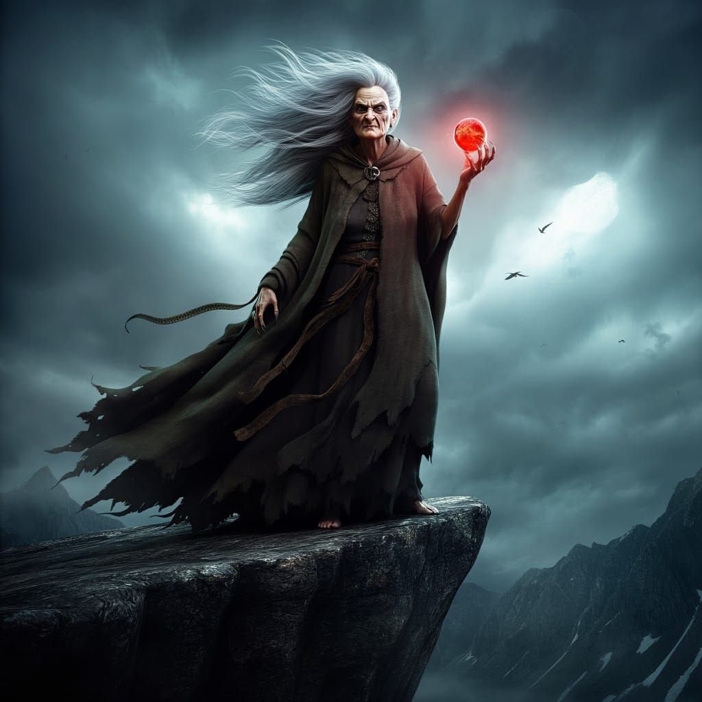 Old Witch on a Cliff with Red Orb