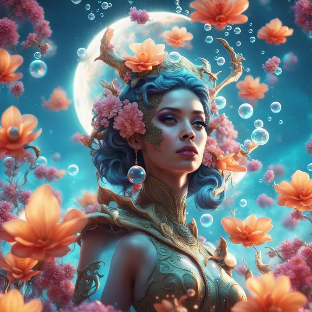Exotic Moon Woman with Stingrays and Bubbles