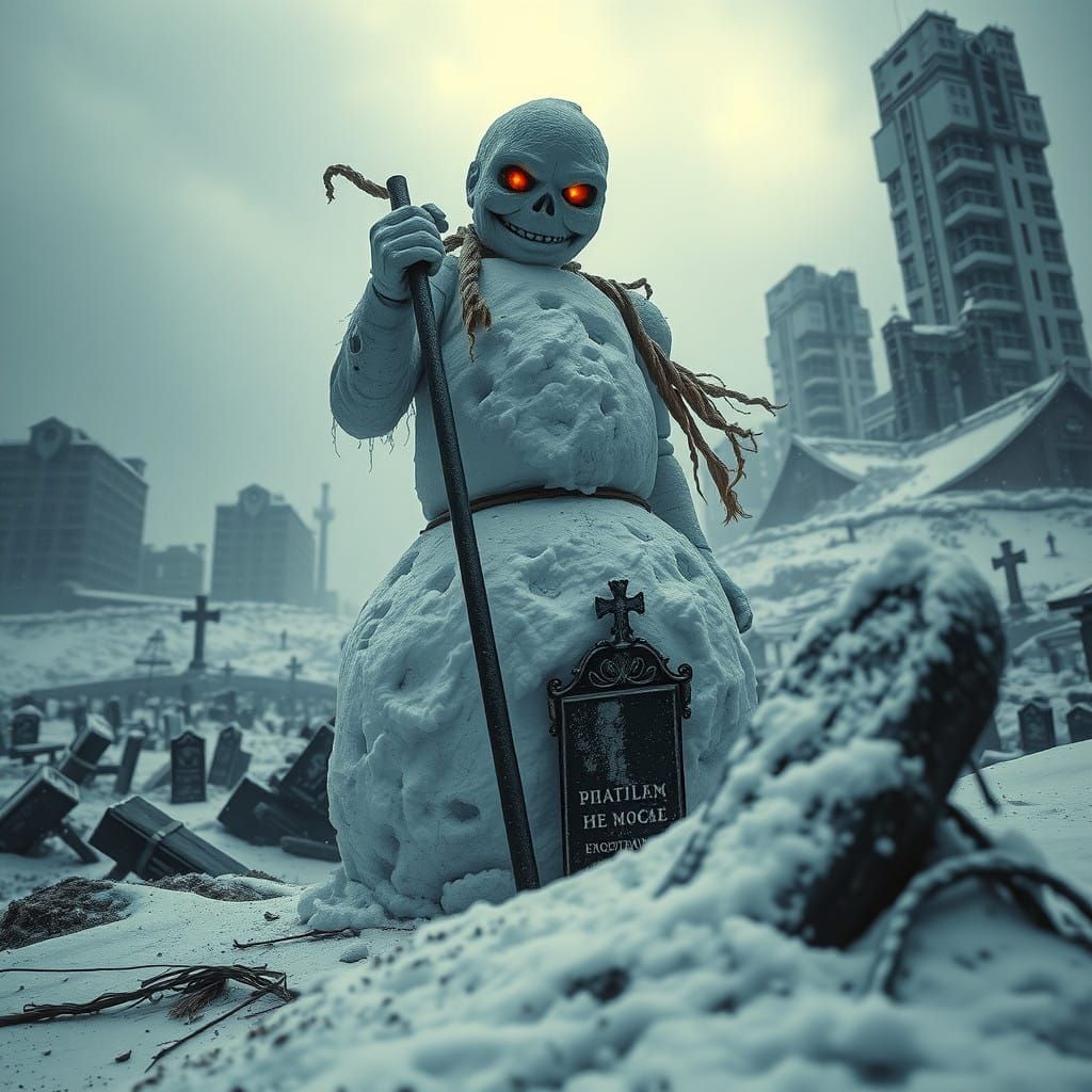 Sinister Snowman Vigil in Abandoned Wasteland