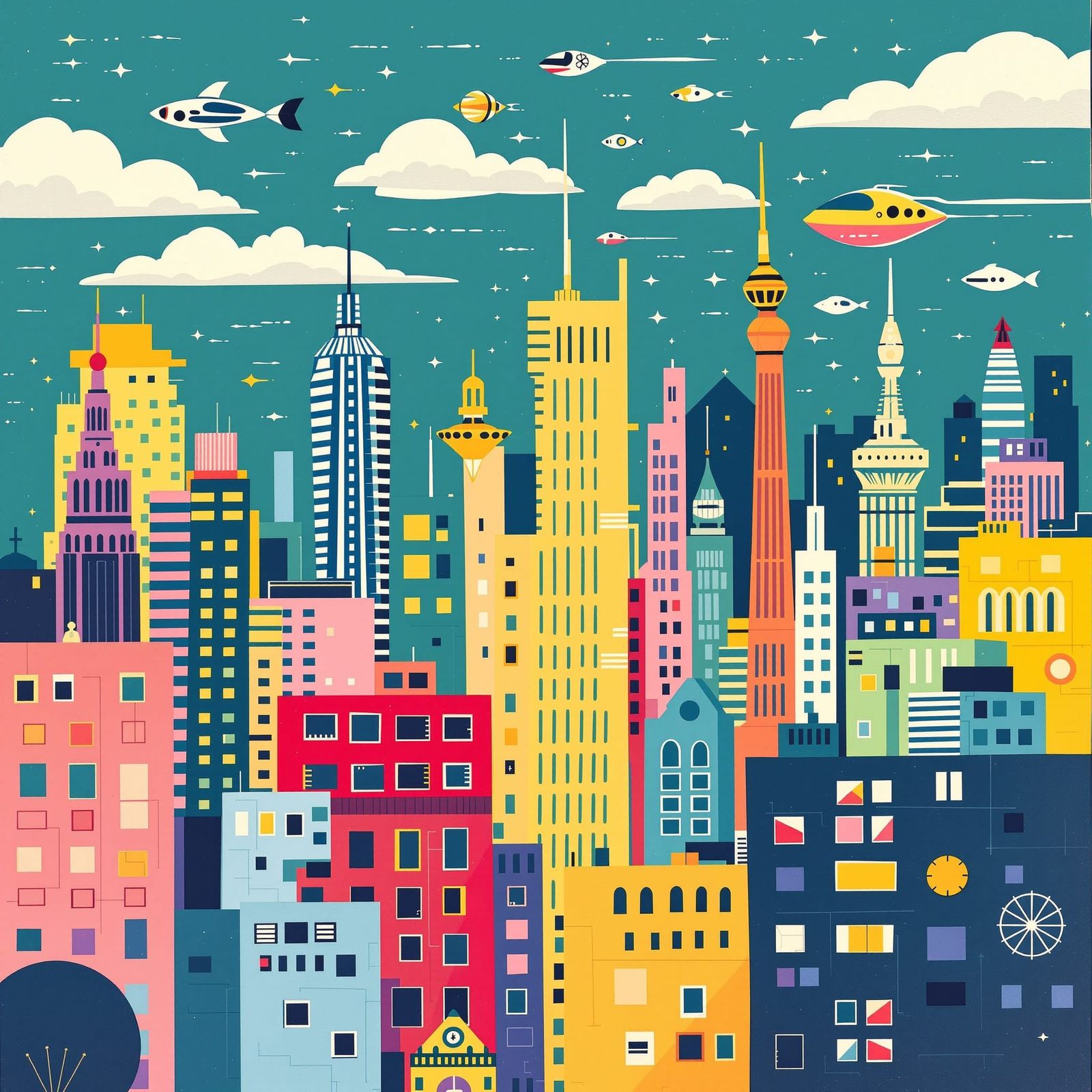 Whimsical Futuristic Cityscape in Naive Art Style